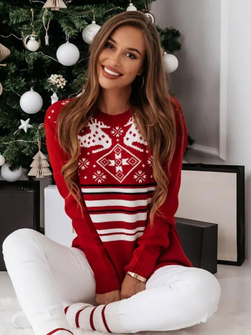 Suéter Feminino Com Gola Redonda E Mangas Compridas Pulôver Estampa Natal Em Vermelho