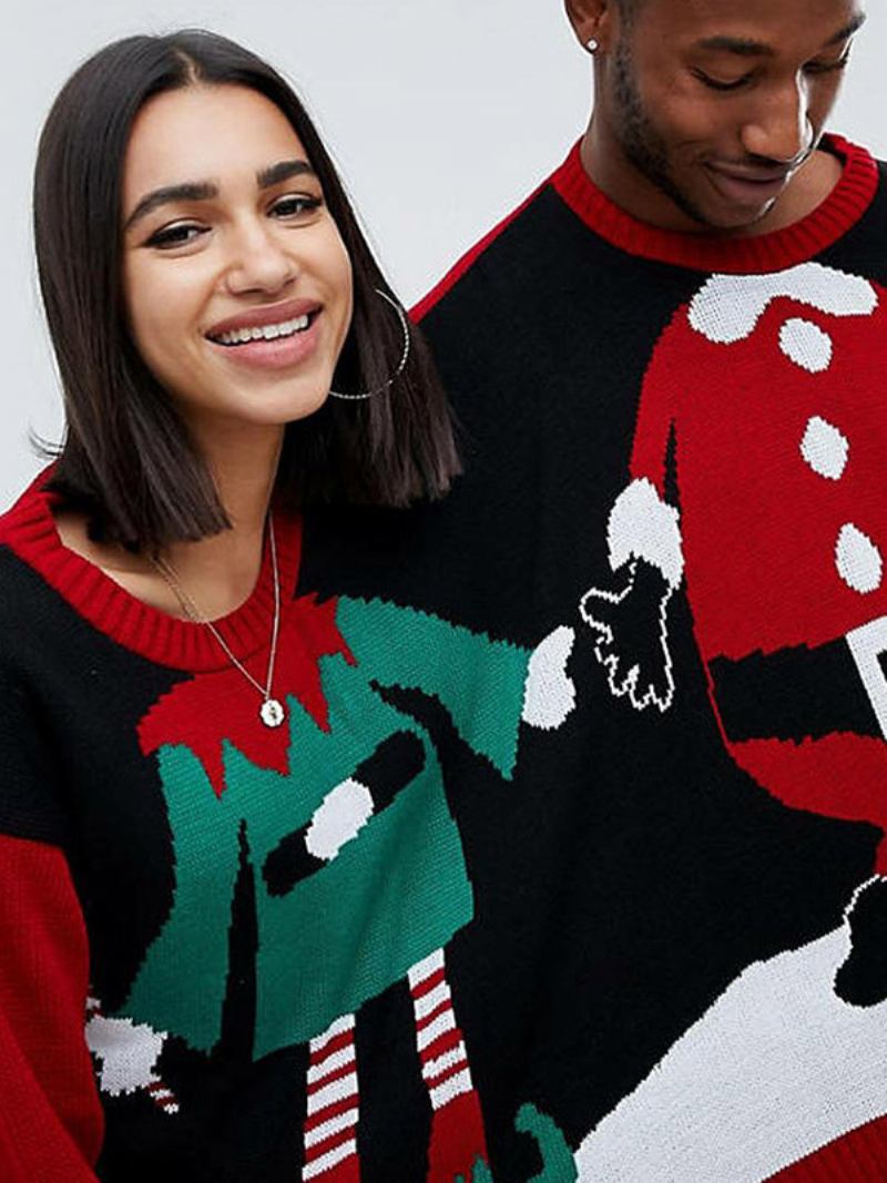 Suéter Feminino Para Casais Com Estampa Natal Gola Canelada E Mangas Compridas - Vermelho