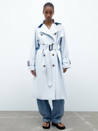 Casaco Trench Feminino Azul Bebê Com Gola Aberta E Mangas Compridas