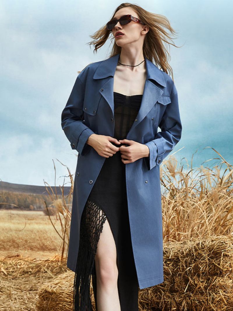 Casaco Trench Feminino Com Gola Aberta E Manga Comprida Outono Primavera - Azul