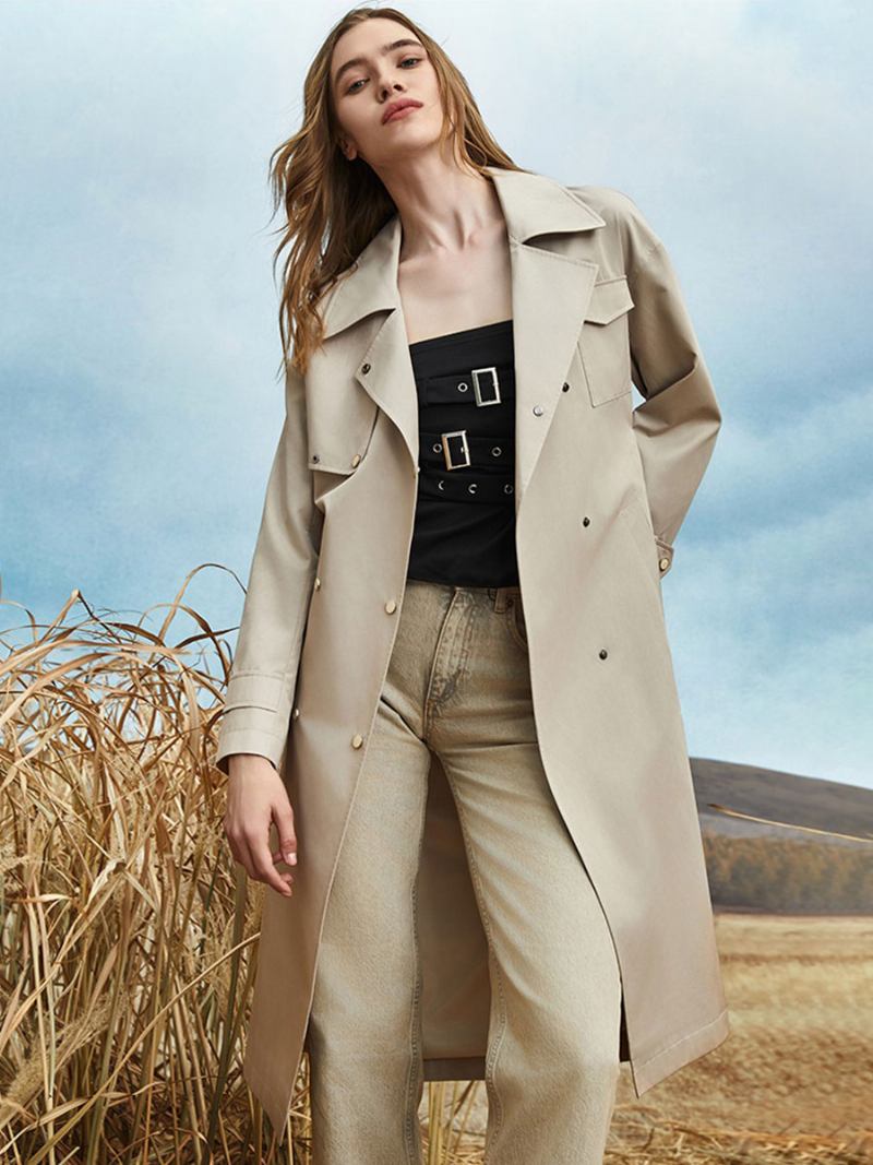 Casaco Trench Feminino Com Gola Aberta E Manga Comprida Outono Primavera - Bege