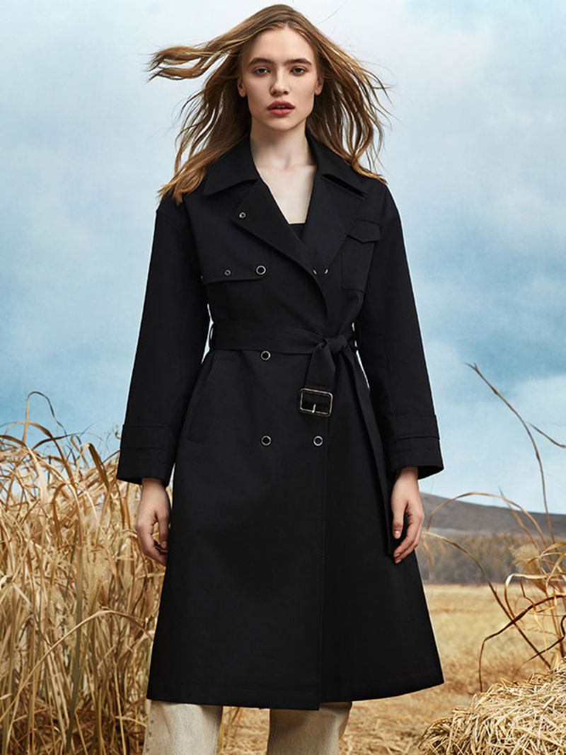 Casaco Trench Feminino Com Gola Aberta E Manga Comprida Outono Primavera - Preto