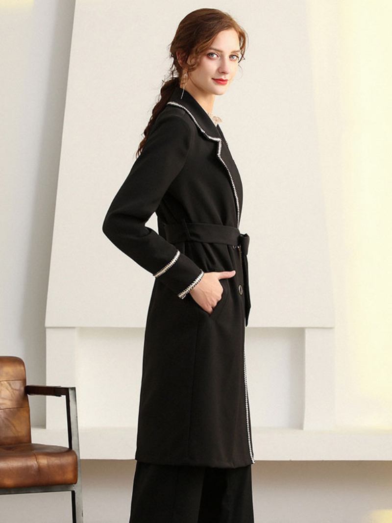 Casaco Trench Feminino Com Lapela Manga Comprida Outono - Preto