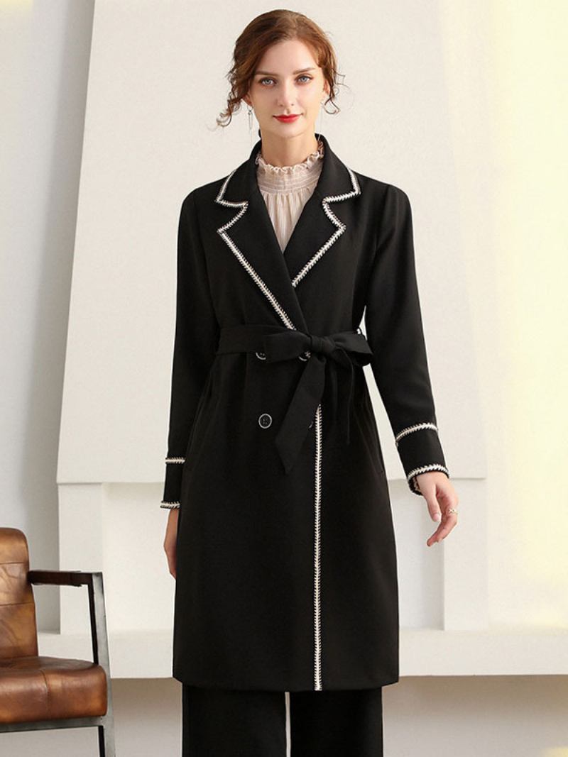 Casaco Trench Feminino Com Lapela Manga Comprida Outono - Preto