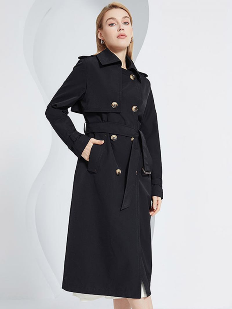 Casaco Trench Feminino Lapela Duplo Breasted Chique Outono Primavera Agasalhos - Preto