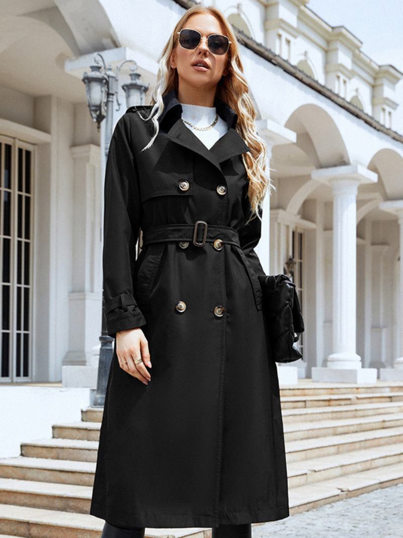 Casaco Trench Feminino Lapela Duplo Breasted Chique Outono Primavera Agasalhos - Preto