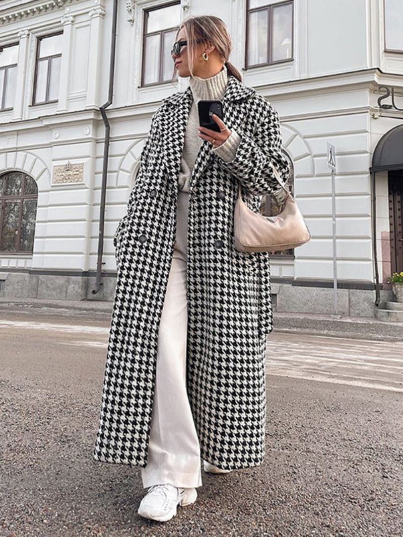 Sobretudo Feminino Houndstooth Entalhado Lapela Botões Casacos Longos Inverno