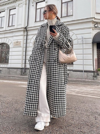 Sobretudo Feminino Houndstooth Entalhado Lapela Botões Casacos Longos Inverno