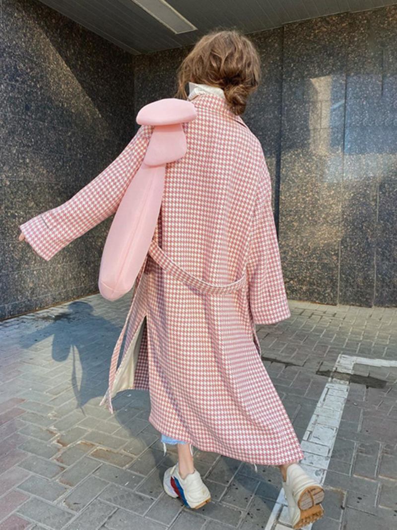 Sobretudo Feminino Houndstooth Entalhado Lapela Botões Casacos Longos Inverno - Rosa