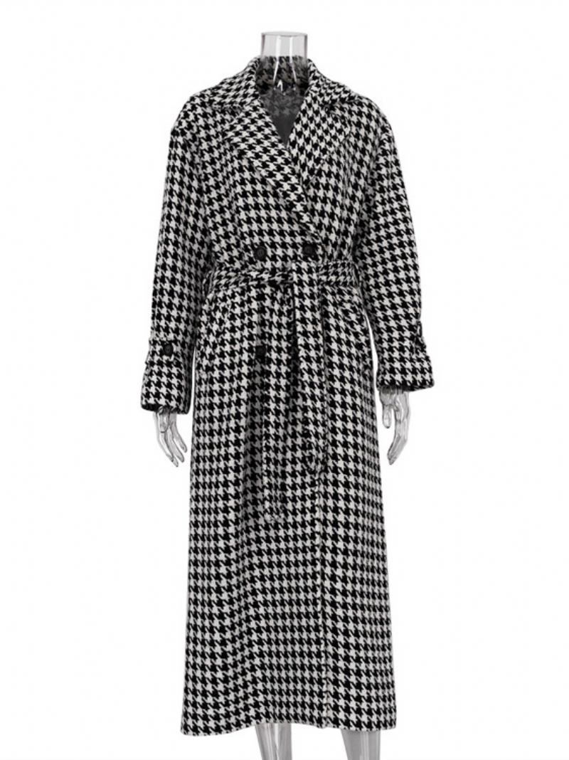 Sobretudo Feminino Houndstooth Entalhado Lapela Botões Casacos Longos Inverno - Preto