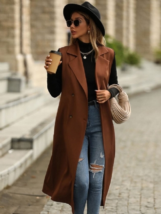 Trench Coat Café Marrom Sem Mangas Colete Longo Duplo Breasted Cinto Fino Ajuste Casual Primavera Outono Rua Outerwear Para Mulher