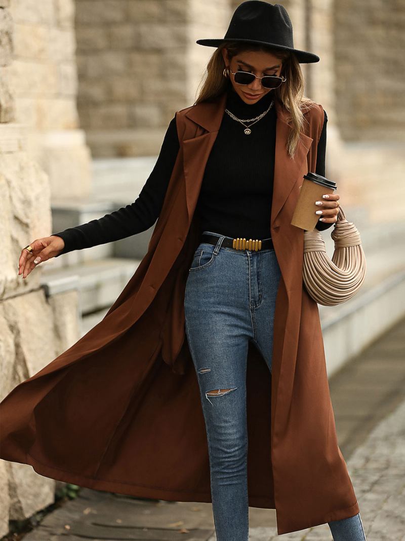 Trench Coat Café Marrom Sem Mangas Colete Longo Duplo Breasted Cinto Fino Ajuste Casual Primavera Outono Rua Outerwear Para Mulher - Café Marrom