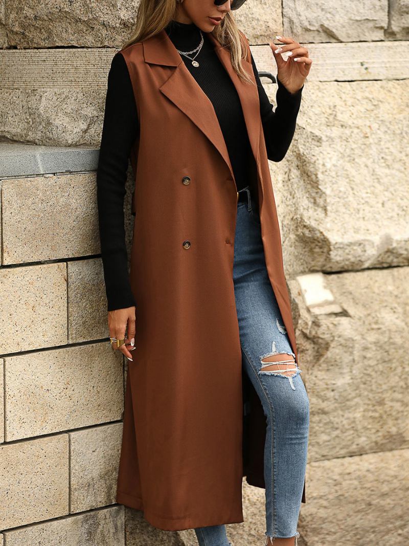 Trench Coat Café Marrom Sem Mangas Colete Longo Duplo Breasted Cinto Fino Ajuste Casual Primavera Outono Rua Outerwear Para Mulher - Café Marrom