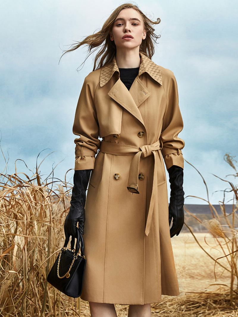 Trench Coat Feminino Boa Qualidade Assimétrico Poliéster Gola Aberta Botões Mangas Compridas