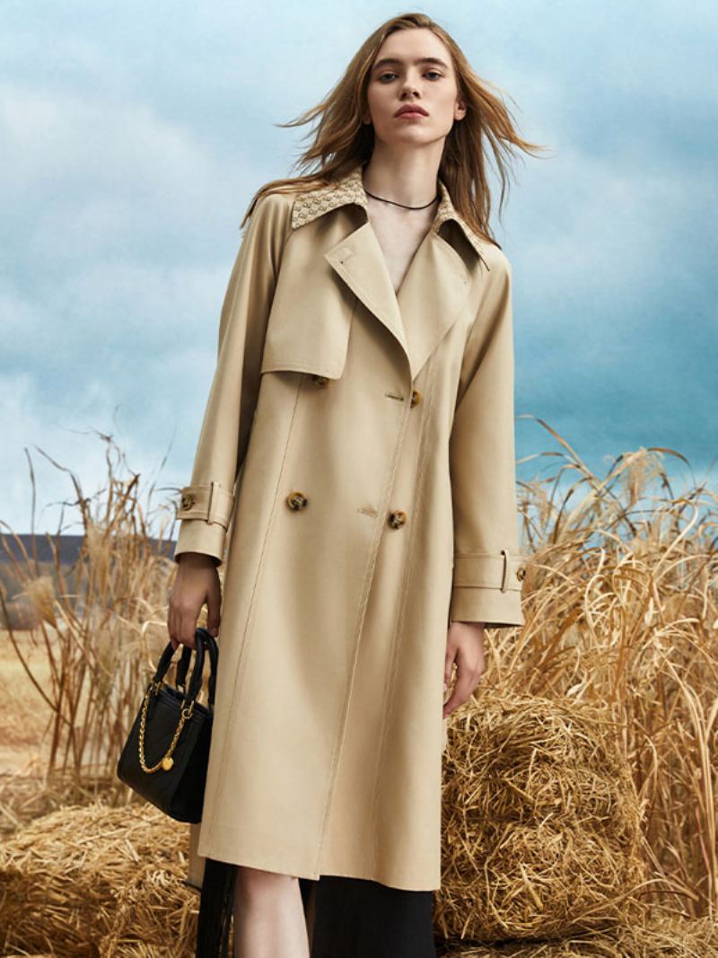 Trench Coat Feminino Boa Qualidade Assimétrico Poliéster Gola Aberta Botões Mangas Compridas - Amarelo Claro 