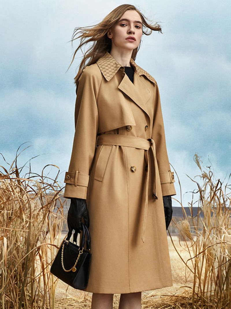 Trench Coat Feminino Boa Qualidade Assimétrico Poliéster Gola Aberta Botões Mangas Compridas -  Cáqui