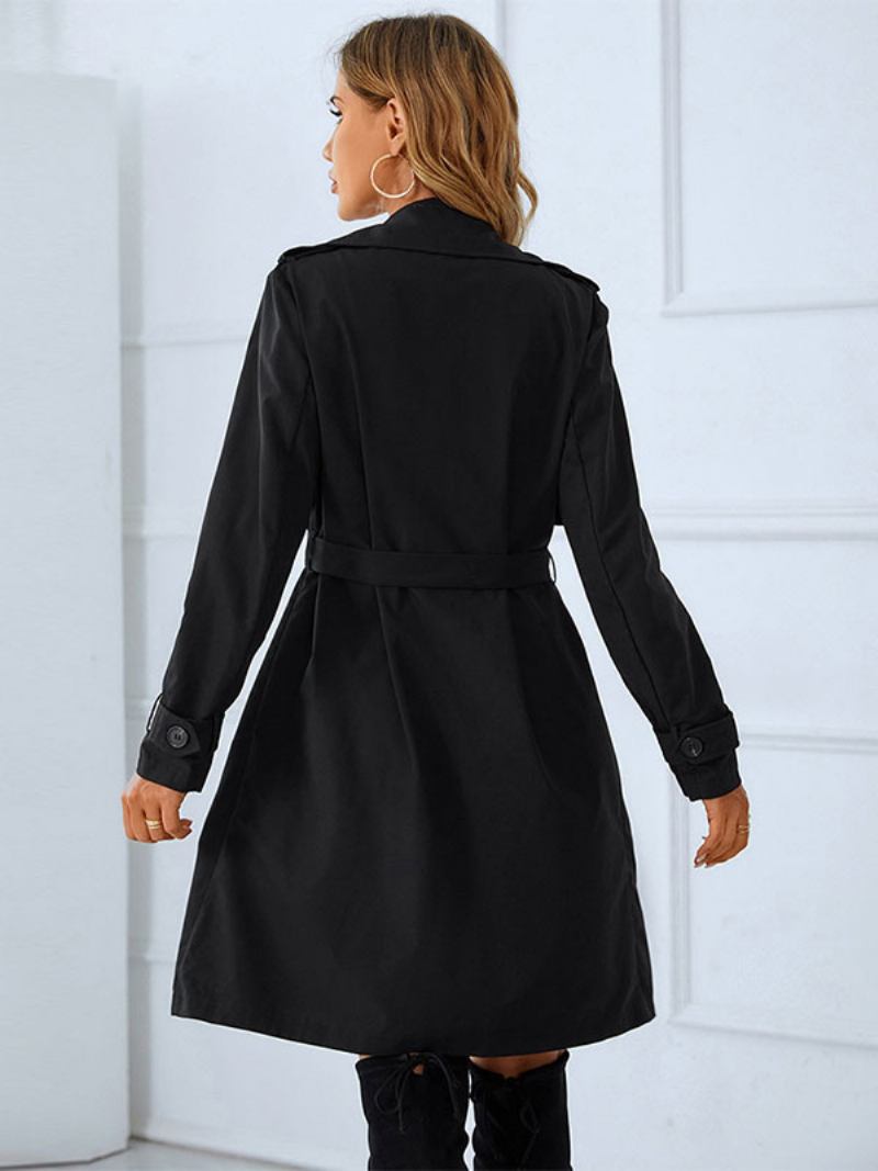 Trench Coat Para Mulheres Boa Qualidade Gola Aberta Botões Mangas Compridas Inverno Quente Outerwear - Preto