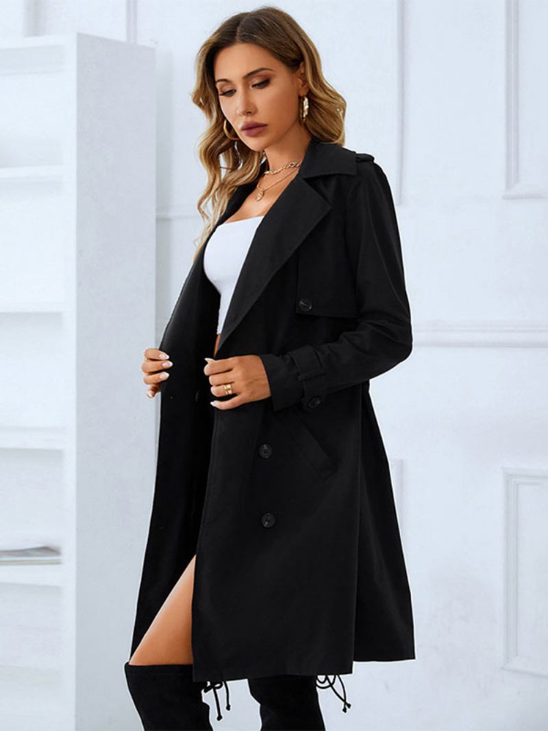 Trench Coat Para Mulheres Boa Qualidade Gola Aberta Botões Mangas Compridas Inverno Quente Outerwear - Preto