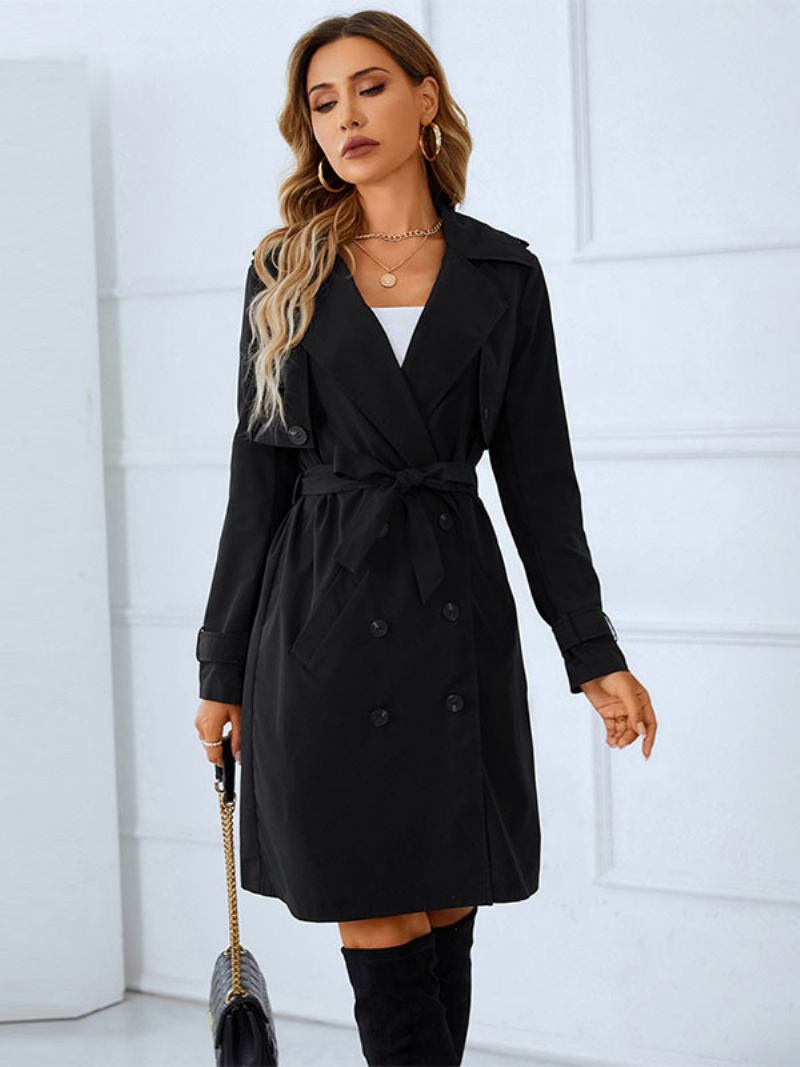 Trench Coat Para Mulheres Boa Qualidade Gola Aberta Botões Mangas Compridas Inverno Quente Outerwear - Preto