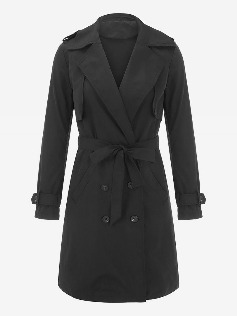 Trench Coat Para Mulheres Boa Qualidade Gola Aberta Botões Mangas Compridas Inverno Quente Outerwear - Preto