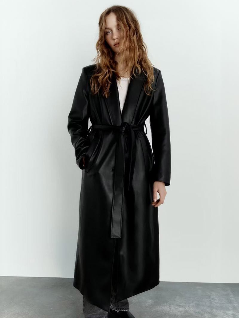 Trench Coat Para Mulheres Moda Couro Pu Gola Aberta Faixa Mangas Compridas