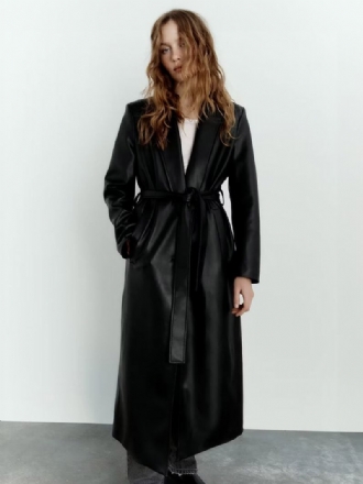 Trench Coat Para Mulheres Moda Couro Pu Gola Aberta Faixa Mangas Compridas