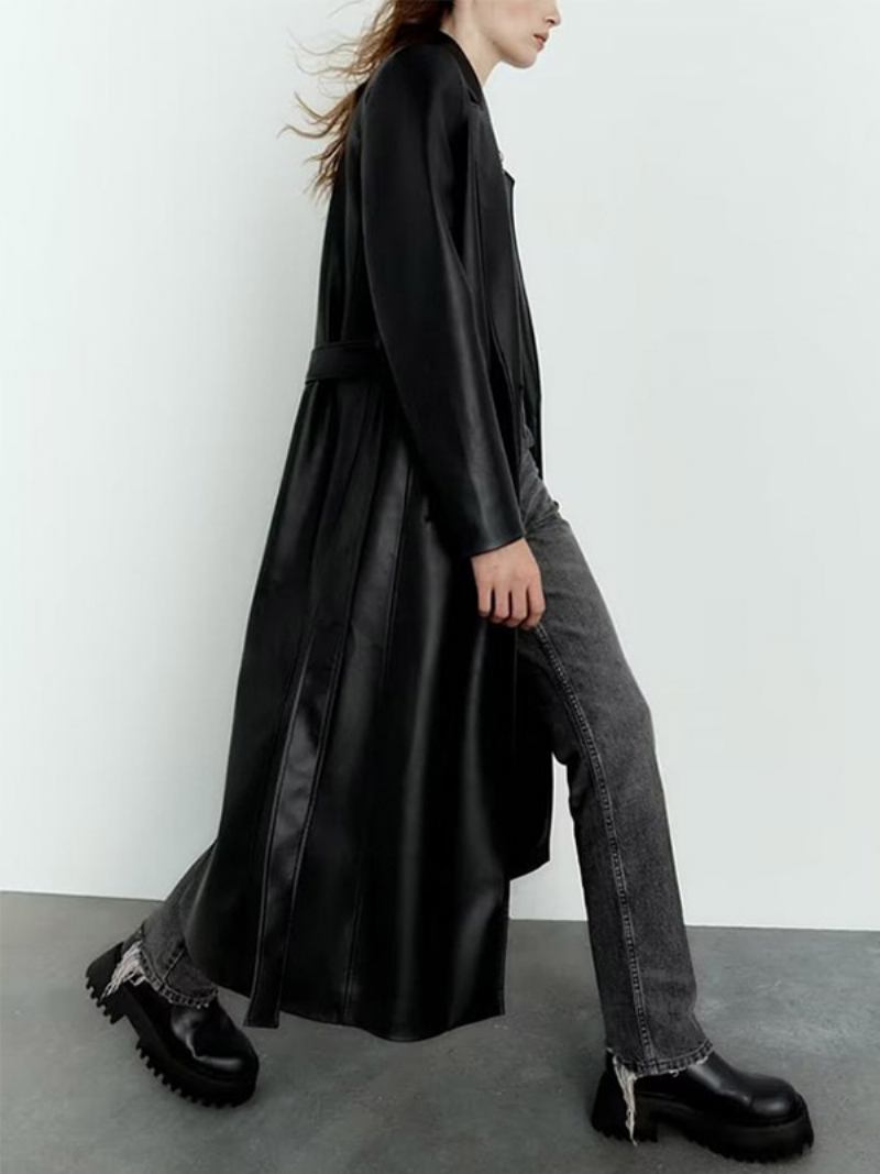 Trench Coat Para Mulheres Moda Couro Pu Gola Aberta Faixa Mangas Compridas - Preto