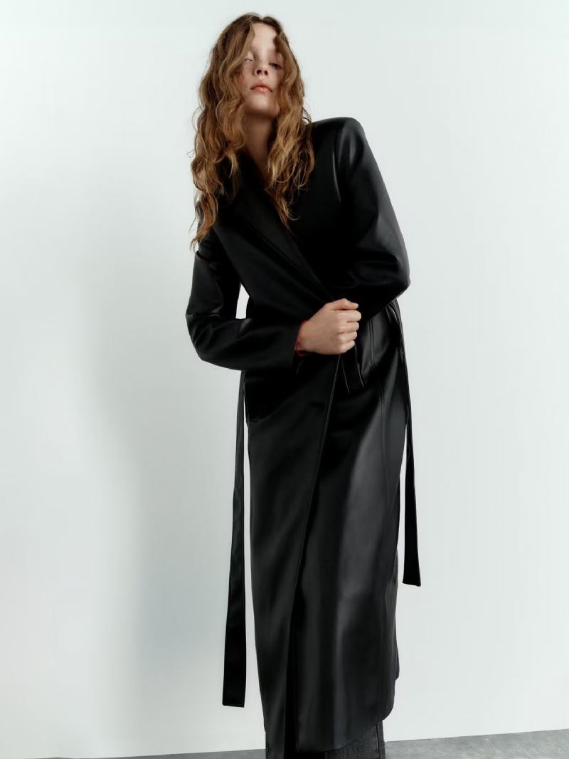 Trench Coat Para Mulheres Moda Couro Pu Gola Aberta Faixa Mangas Compridas - Preto