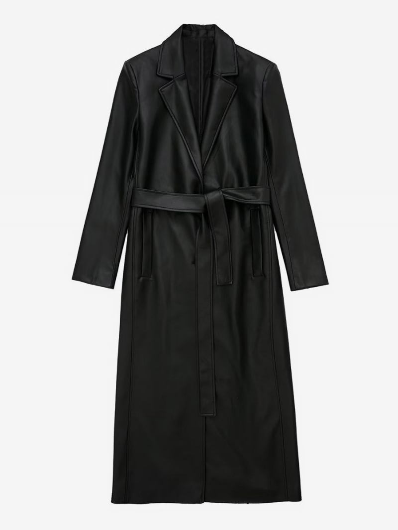 Trench Coat Para Mulheres Moda Couro Pu Gola Aberta Faixa Mangas Compridas - Preto