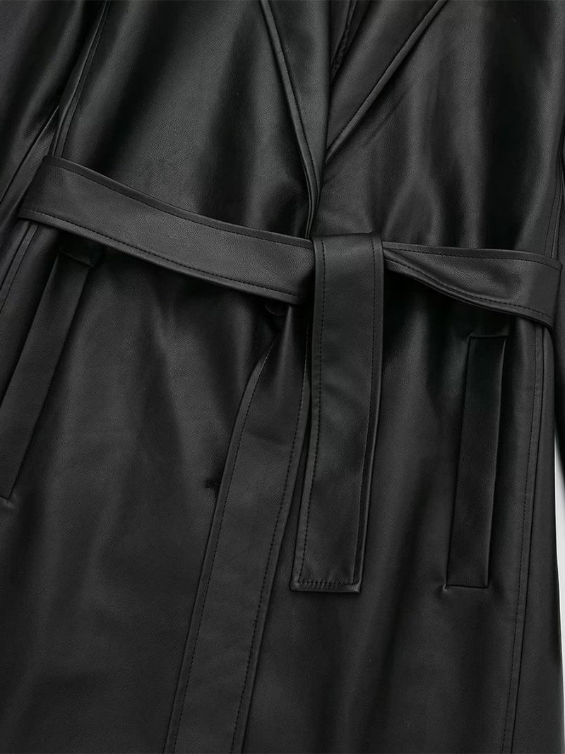 Trench Coat Para Mulheres Moda Couro Pu Gola Aberta Faixa Mangas Compridas - Preto