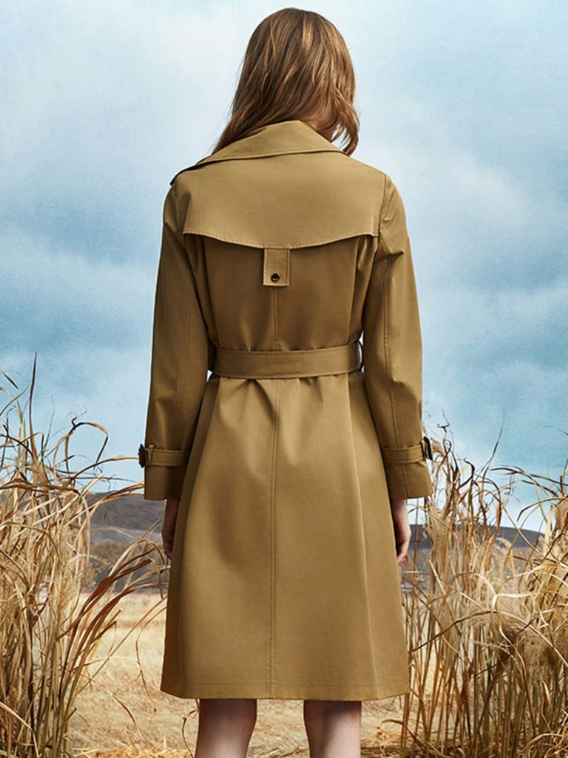 Trench Coat Turndown Collar Sash Mangas Compridas Casacos Clássicos Femininos - Café Marrom