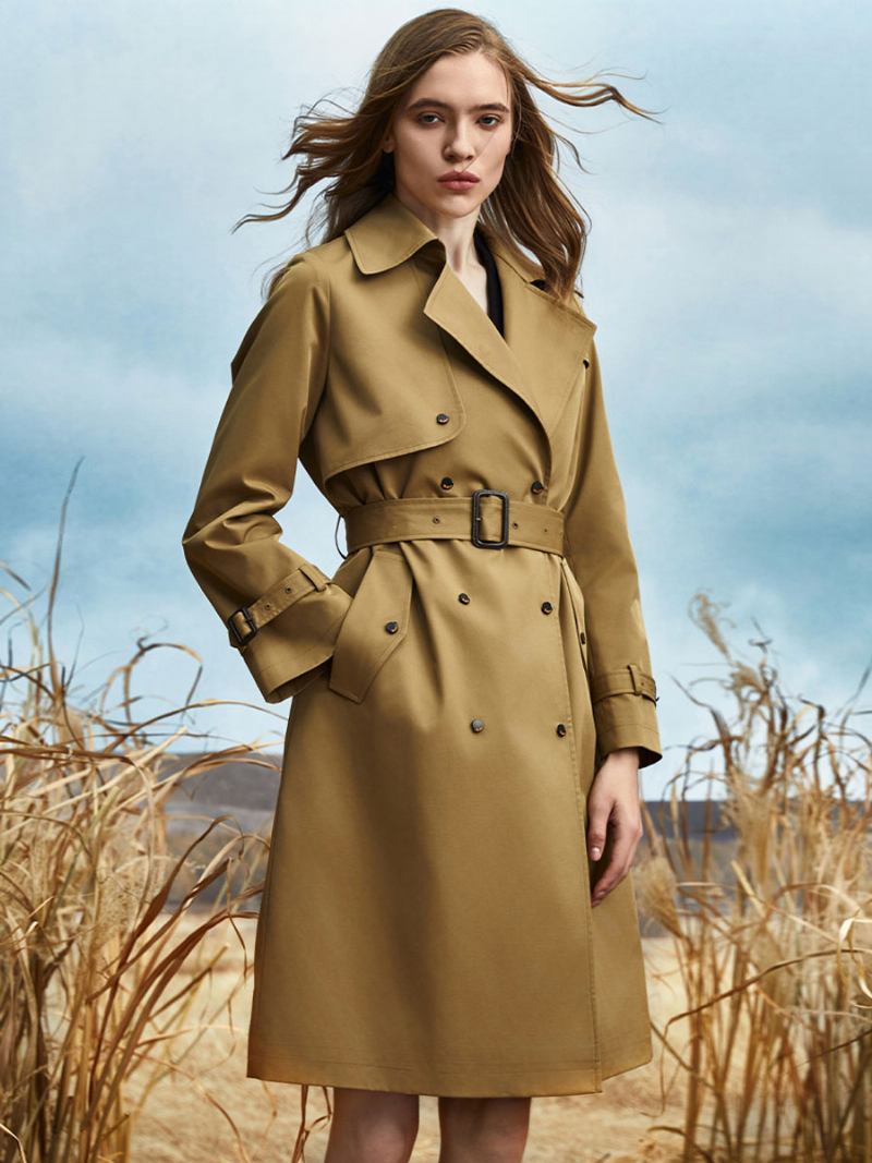 Trench Coat Turndown Collar Sash Mangas Compridas Casacos Clássicos Femininos - Café Marrom