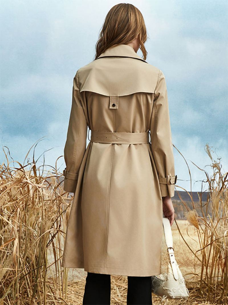 Trench Coat Turndown Collar Sash Mangas Compridas Casacos Clássicos Femininos - Cáqui