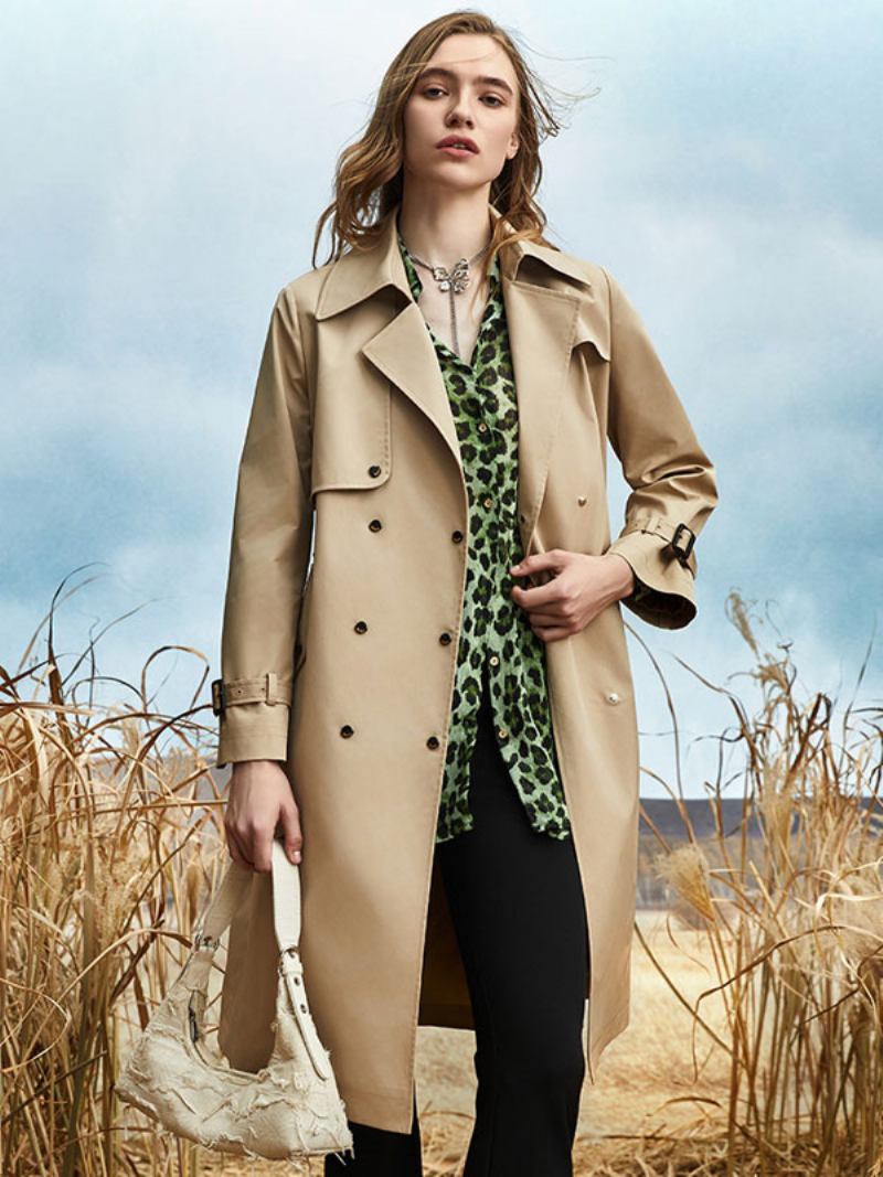 Trench Coat Turndown Collar Sash Mangas Compridas Casacos Clássicos Femininos - Cáqui