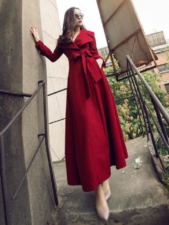 Trench Coats Para Mulheres Vermelho Com Decote Em V Mangas Compridas Faixa Elástica Casual Primavera Agasalhos