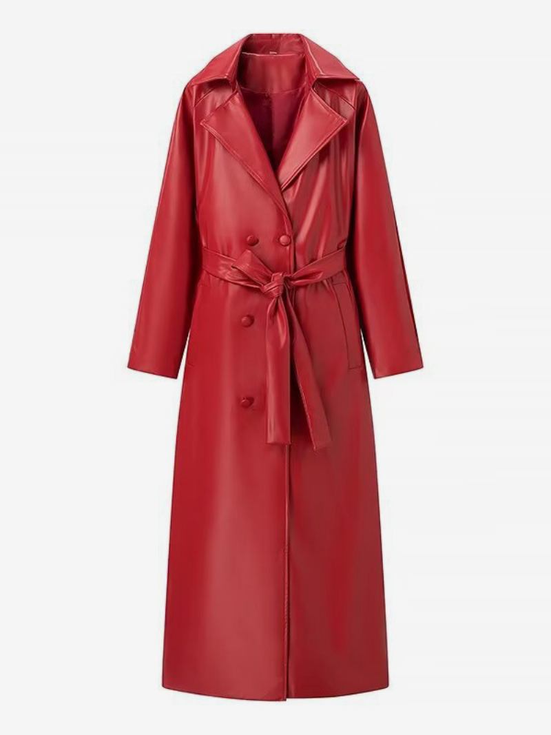 Trench Coats Vermelhos Pu Couro Long Sash Turndown Collar Mangas Compridas Casacos Chiques Para Mulheres - Vermelho