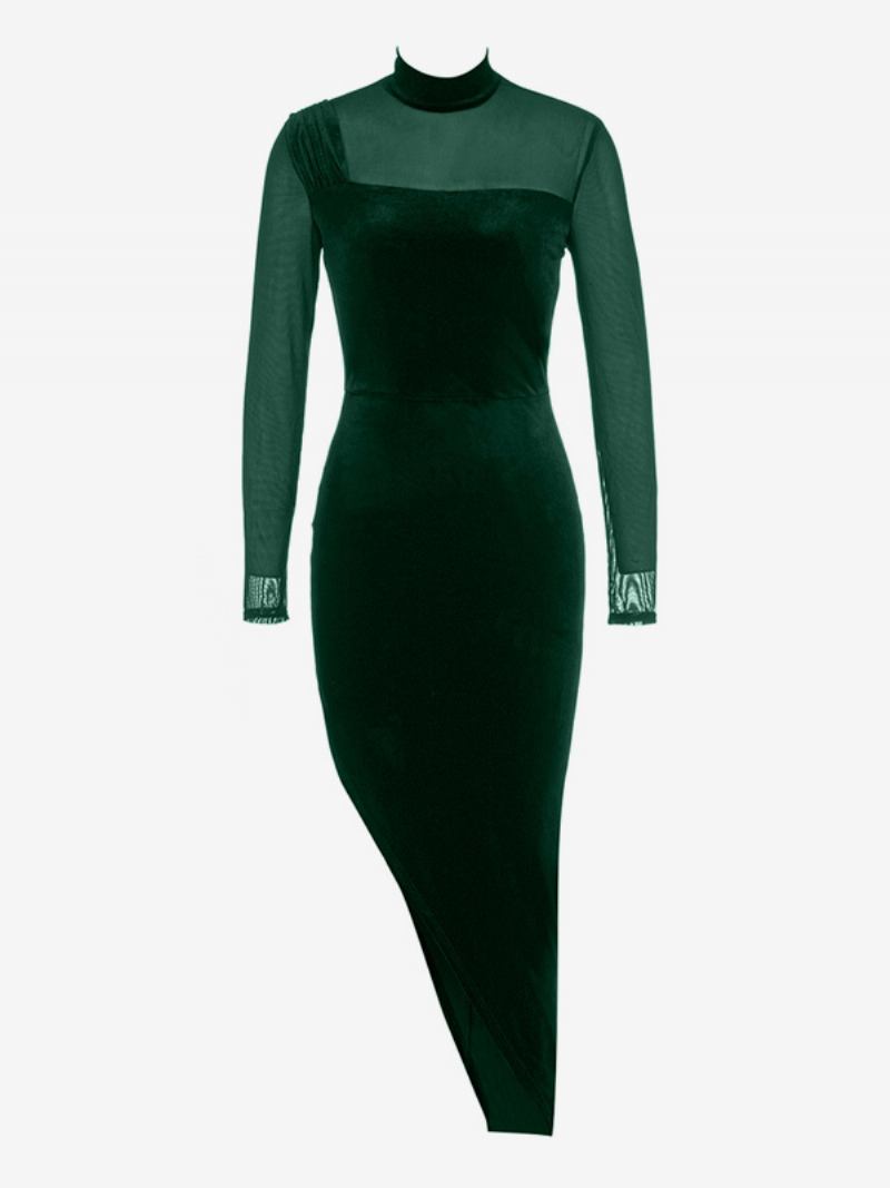 Vestido Feminino Veludo Assimétrico Ilusão Decote Mangas Compridas Bodycon Vestidos Maxi - Verde Escuro