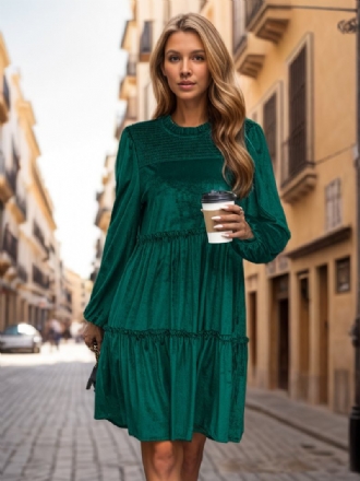 Vestido Feminino Veludo Com Babados No Pescoço Mangas Compridas Em Camadas Vestidos Dia Plissados