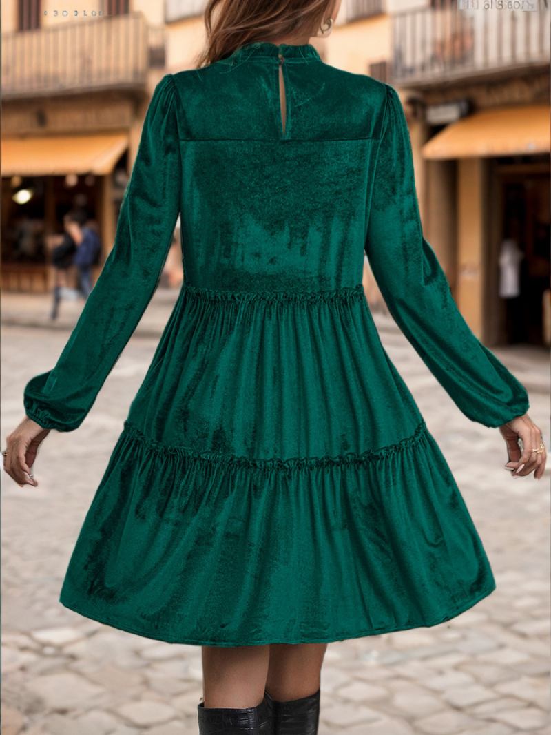 Vestido Feminino Veludo Com Babados No Pescoço Mangas Compridas Em Camadas Vestidos Dia Plissados - Verde Escuro