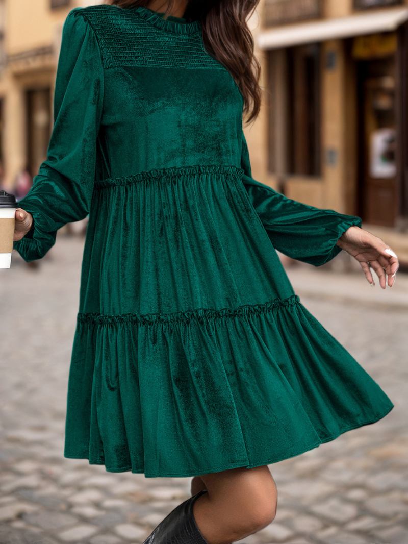 Vestido Feminino Veludo Com Babados No Pescoço Mangas Compridas Em Camadas Vestidos Dia Plissados - Verde Escuro