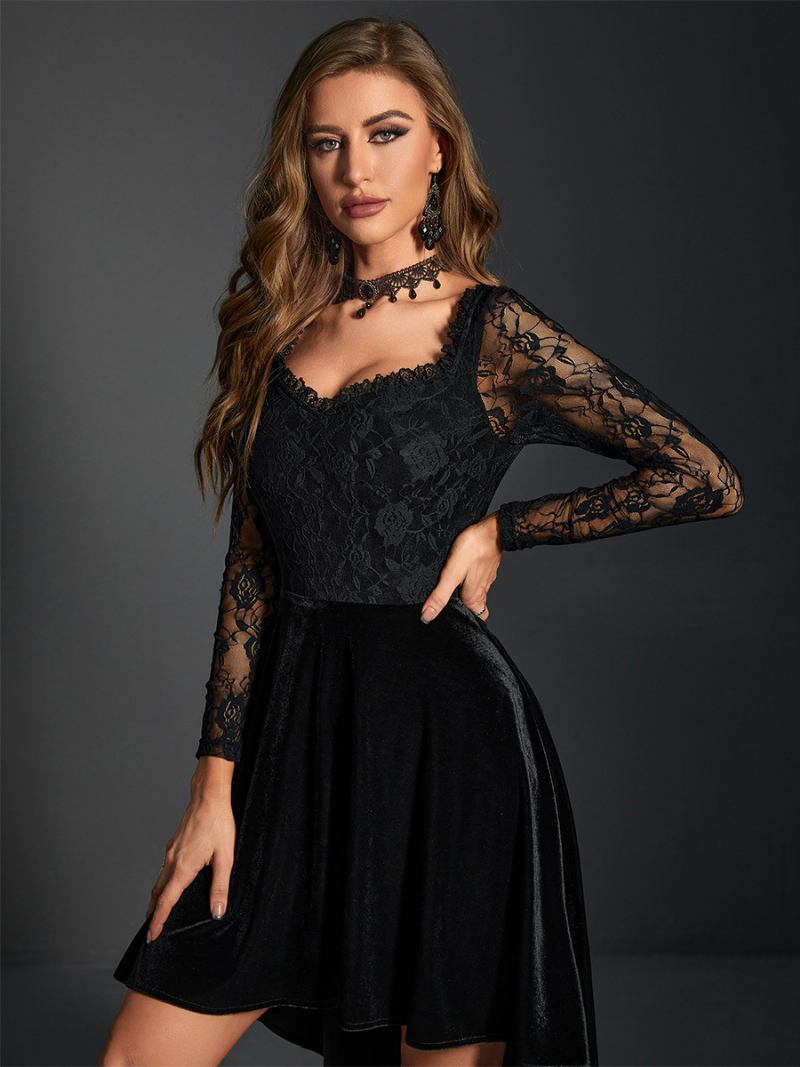 Vestido Feminino Veludo Com Decote Em Coração Corpete Renda Vestidos Dia Assimétricos - Preto