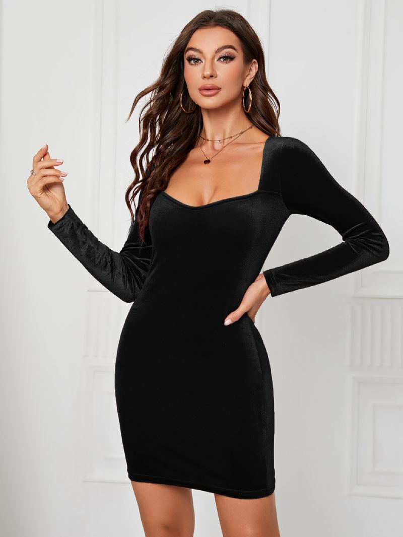 Vestido Feminino Veludo Com Decote Em Coração E Mangas Compridas Sexy Mini Vestidos Bodycon - Preto