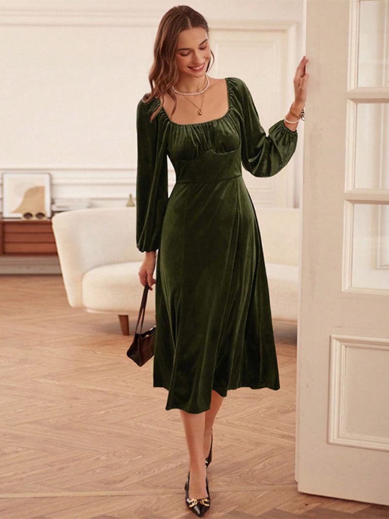 Vestido Feminino Veludo Com Decote Em U Costas Nuas Zíper Mangas Compridas Vestidos Midi - Caçador Verde