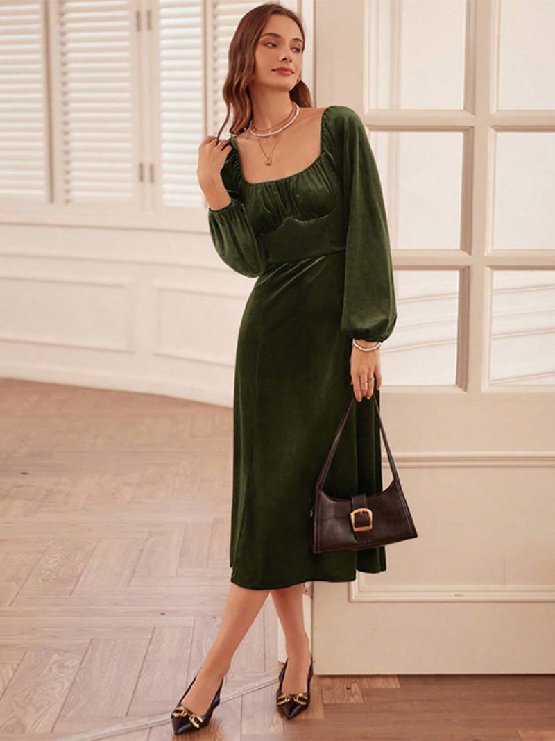 Vestido Feminino Veludo Com Decote Em U Costas Nuas Zíper Mangas Compridas Vestidos Midi - Caçador Verde