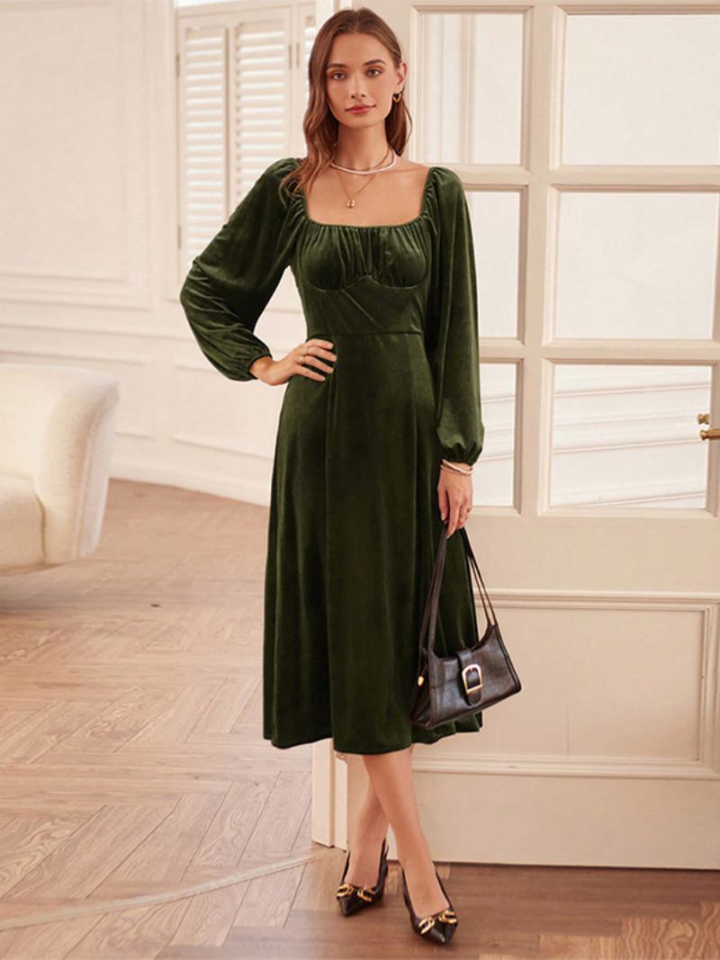 Vestido Feminino Veludo Com Decote Em U Costas Nuas Zíper Mangas Compridas Vestidos Midi - Caçador Verde