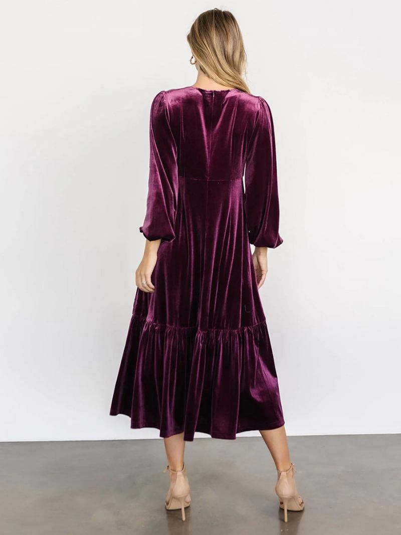 Vestido Feminino Veludo Com Decote Em V Mangas Balão Cor Sólida Vestidos Midi Inverno - Roxo