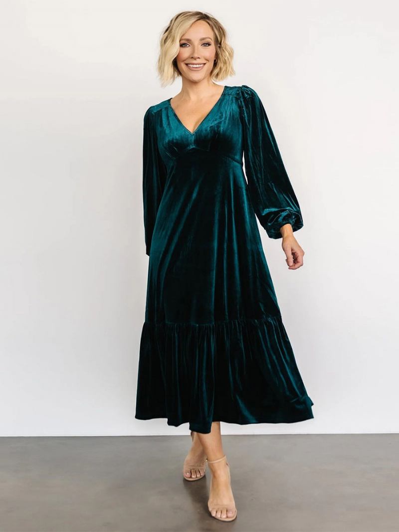 Vestido Feminino Veludo Com Decote Em V Mangas Balão Cor Sólida Vestidos Midi Inverno - Verde Escuro