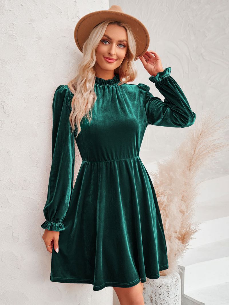 Vestido Feminino Veludo Cor Vinho Mangas Compridas Gola Redonda Mini Vestidos Skatistas - Verde Escuro