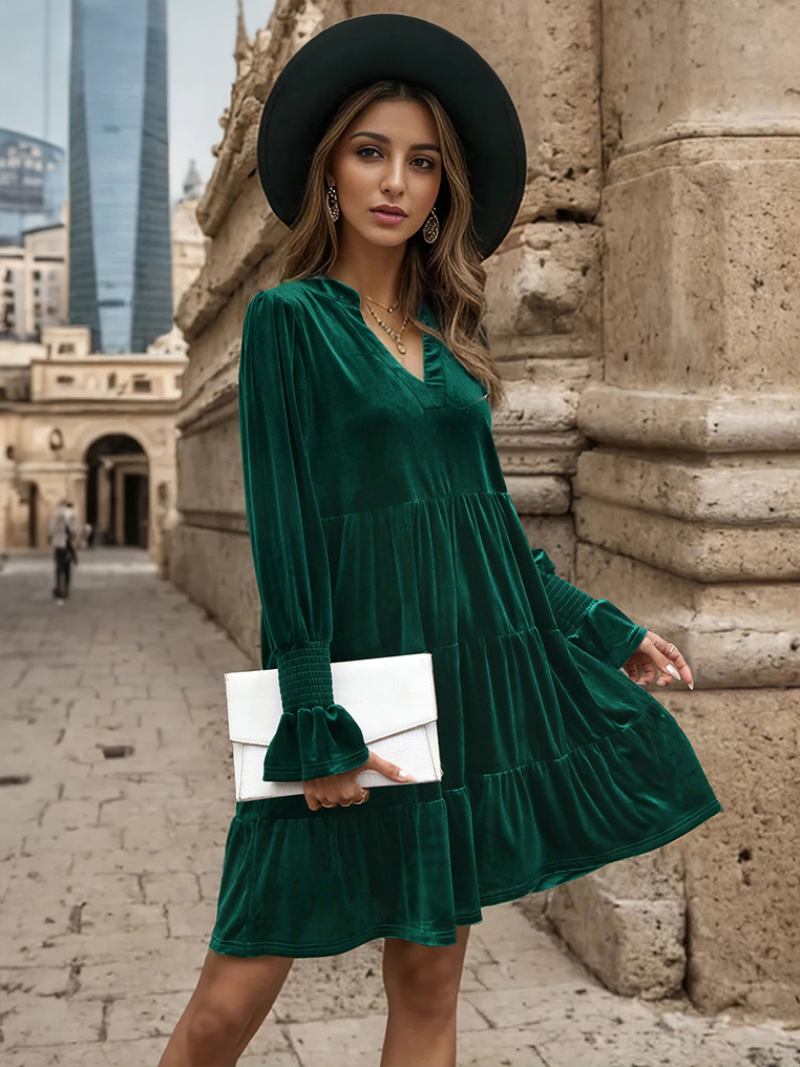 Vestido Feminino Veludo Verde Escuro Com Decote Em V E Mangas Babados Camadas Vestidos Plissados