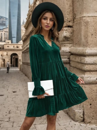 Vestido Feminino Veludo Verde Escuro Com Decote Em V E Mangas Babados Camadas Vestidos Plissados